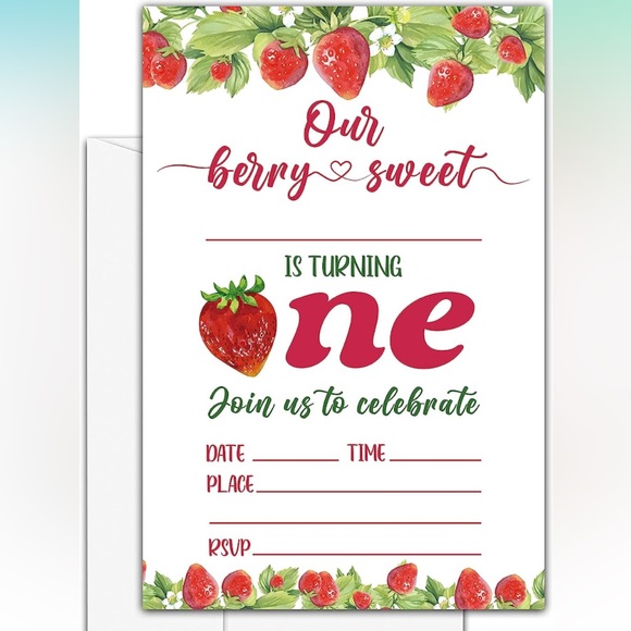 🌺 3/$15 Set of 20 Strawberry 1st Birthday Invitations - Picture 1 of 3